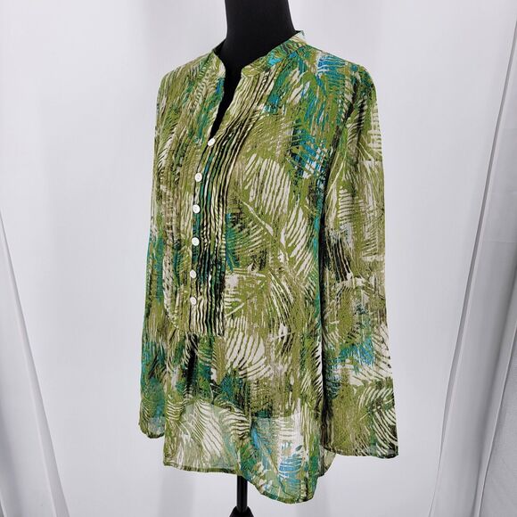 Chico's Additions Blouse Women's Large Leaf Botanical Print Semi Sheer Green - Picture 4 of 11